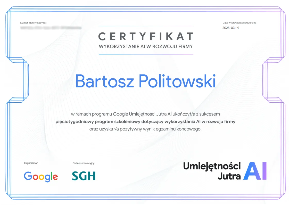 Certyfikat Google Umiejętności Jutra AI – wykorzystanie AI w firmie