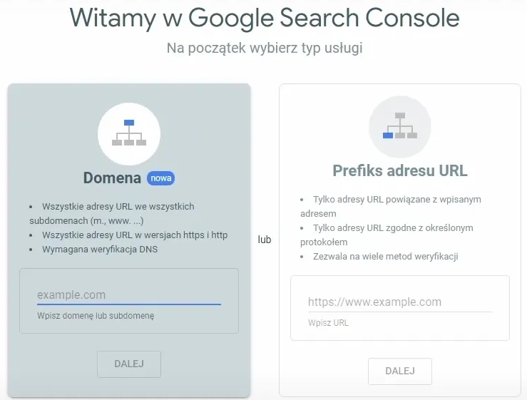 typ własności - domena u prefiks adresu obrazek ukazuje wybór typu własności w GSC między domeną a prefiksem adresu