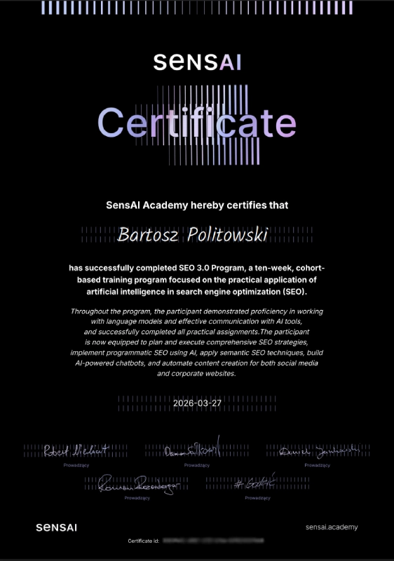 Certyfikat Program SEO 3.0 SensAI Academy