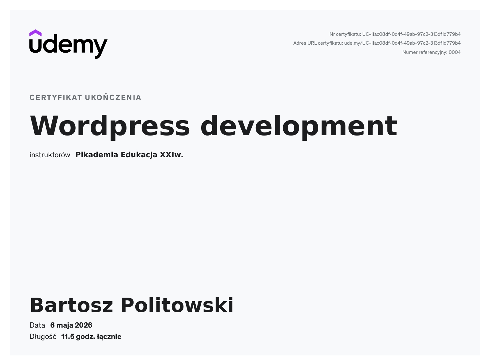Certyfikat Udemy – WordPress development