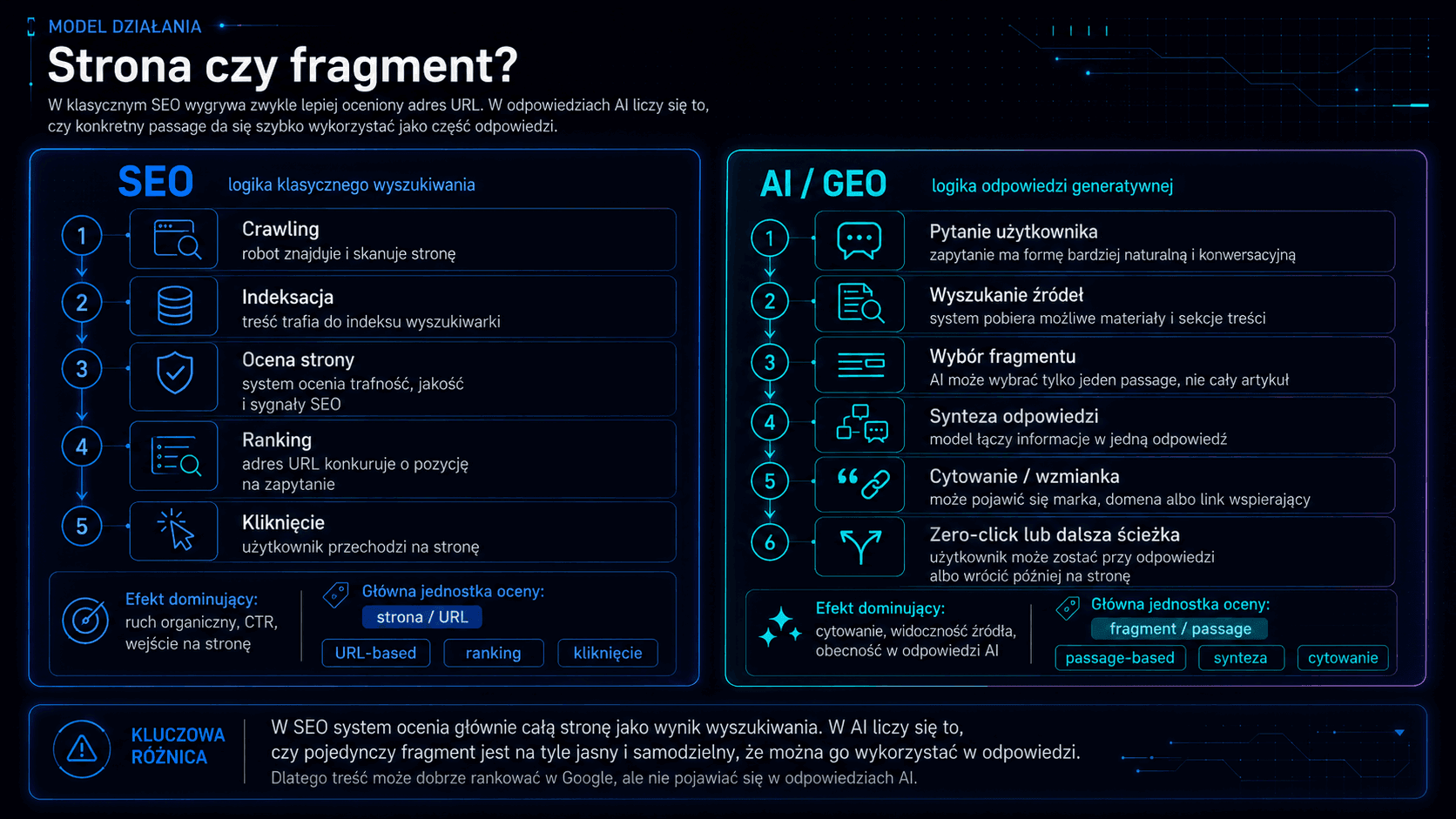 Schemat porównujący mechanikę SEO: crawl, indeksacja, ranking, kliknięcie oraz GEO: retrieval, passage selection, synteza i cytowanie